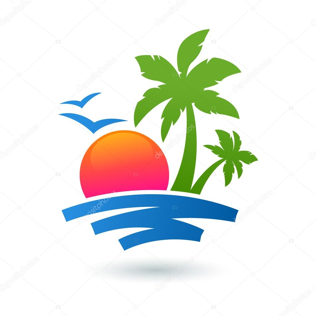Summer beach illustration, abstract sun and palm tree on seaside