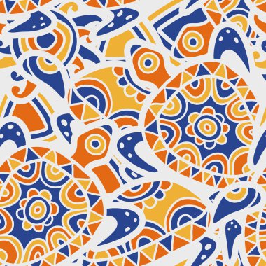 Elle çizilmiş mavi ve turuncu seamless modeli. Vektör etnik backg