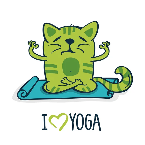 Green cartoon cat on blue mat in yoga position. Vector illustrat — Stock Vector