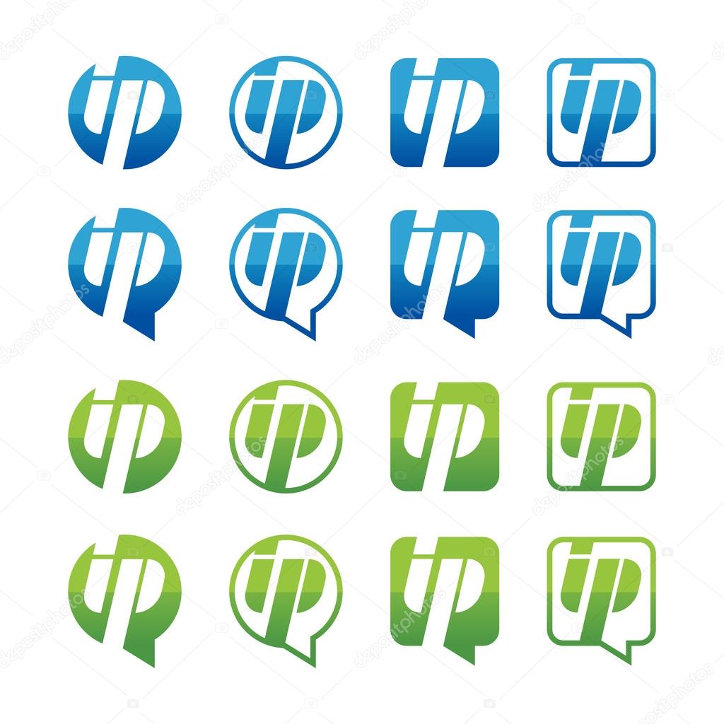 Set of green and blue ip address icons isolated on white background. Vector logo design template. Round, square and speech bubble shape button.