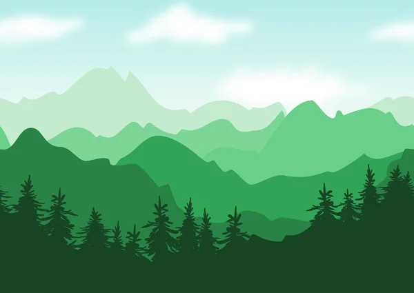 Paisagem de verão linda, montanhas verdes com si árvores do vetor — Vetor de Stock