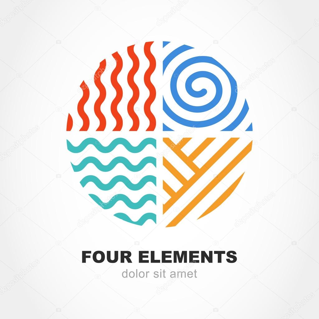 Four elements simple line symbol in circle shape. Vector logo design template. Abstract concept for nature energy, synergy, tourism, travel, business. Fire, air, water and earth sign.