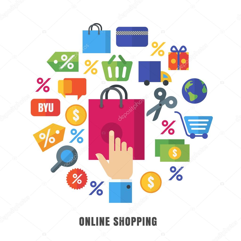 Online shopping vector background. Flat e-commerce icons and sym