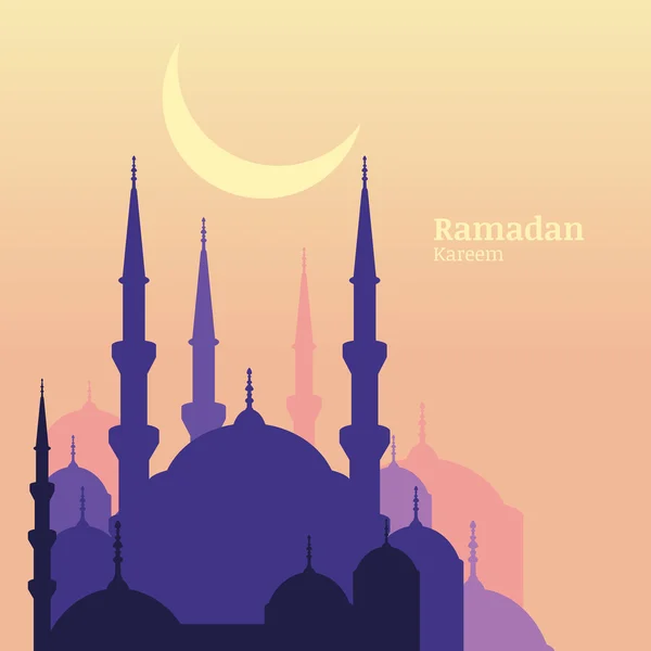 Ramadan Kareem greeting card with silhouette of purple mosque an — Stock Vector