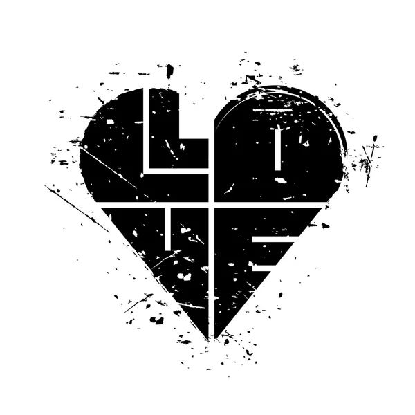 Coração de aquarela vector preto com a palavra amor, isolado no branco — Vetor de Stock