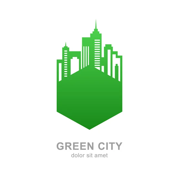 City buildings silhouette. Vector green logo design template. Ab — Stock Vector