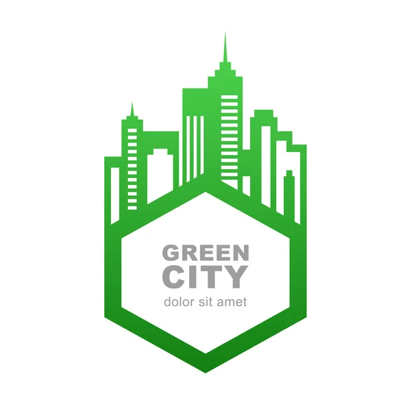 City buildings silhouette. Vector logo design template. Green fr — Vetor de Stock