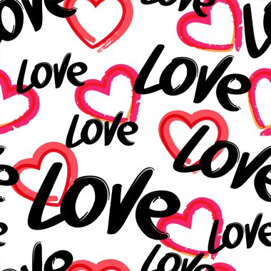 Vector seamless pattern with hand drawn word love and red heart,