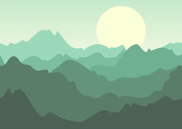 Vector green summer landscape, mountains and sun on sky. — Stock Vector