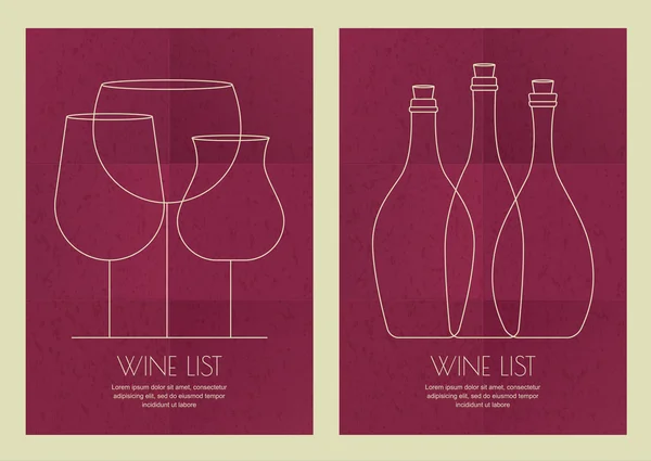 Набор Иллюстрация абстрактной линии, три стекла вина и бутылки — стоковый вектор