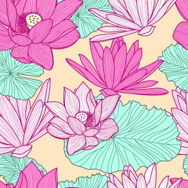 Vektör seamless modeli güzel pembe lotus çiçeği ve gre