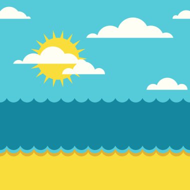 Vector summer seamless background. Blue sea, sun, clouds and san