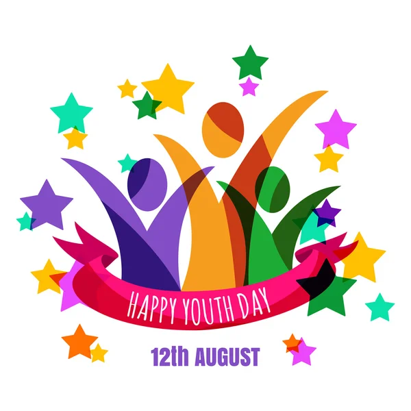 Multicolor abstract young happy people with ribbon and stars bac — Vector de stock