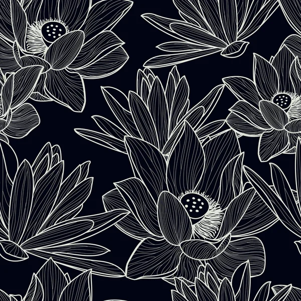 Vector seamless pattern with hand drawn beautiful lotus flower. — Vector de stock