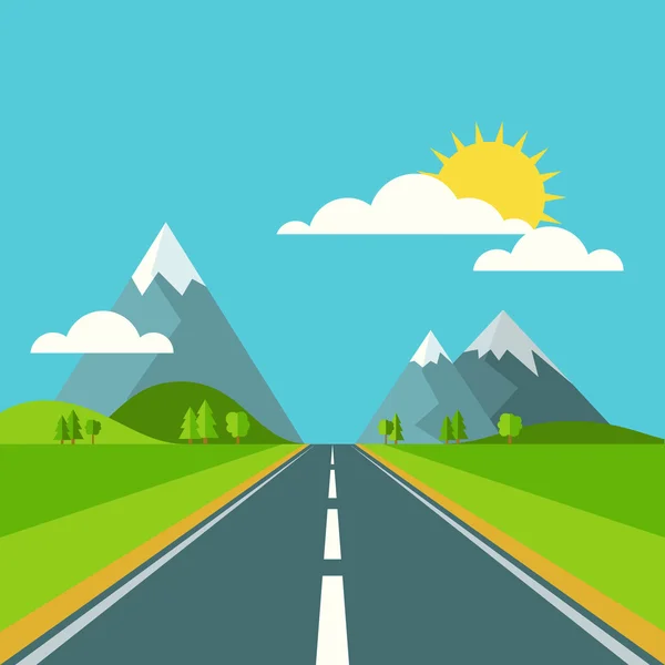 Vector summer or spring landscape background. Road in green vall — Stok Vektör