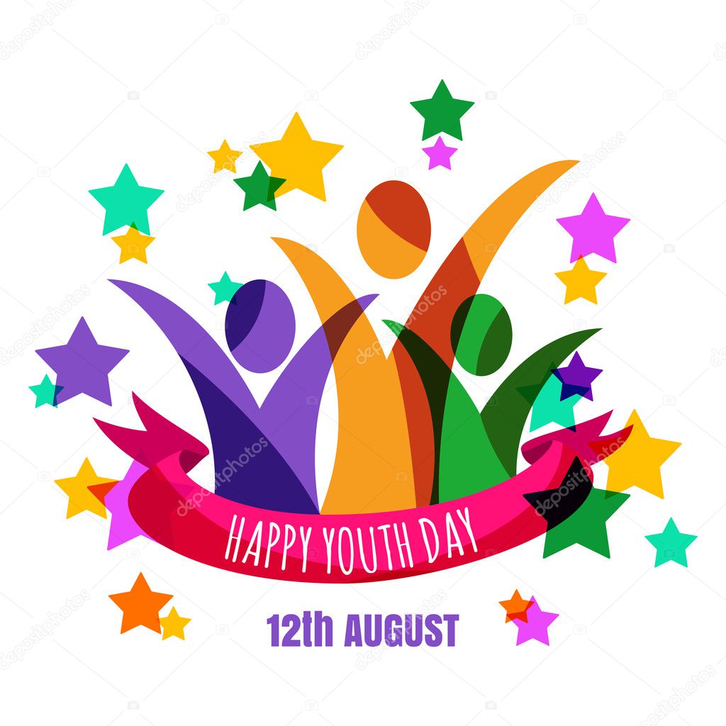 Multicolor abstract young happy people with ribbon and stars background. Concept for international youth day celebrations. Greeting card, banner, flyer, poster design.