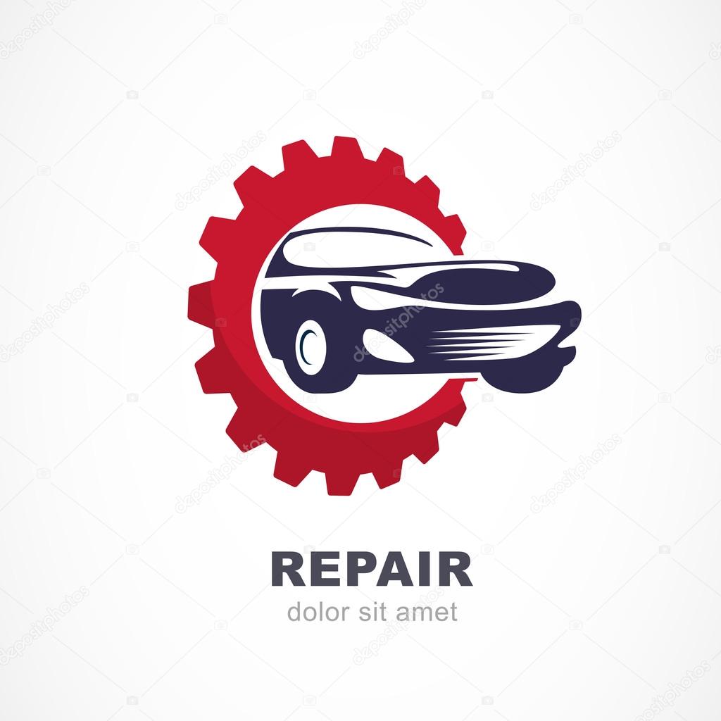 Vector flat illustration of sport car in gears cogs. Abstract logo design template. Concept for automobile repair service, spare parts store