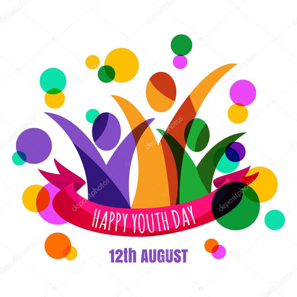 Multicolor abstract young happy people with ribbon and confetti background. Concept for international youth day celebrations. Greeting card, banner, flyer, poster design.