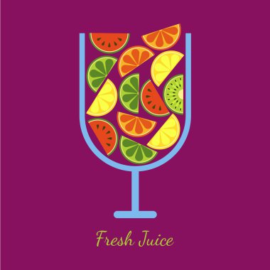 Vector sliced fruits in glass. Fresh juice of watermelon, orange