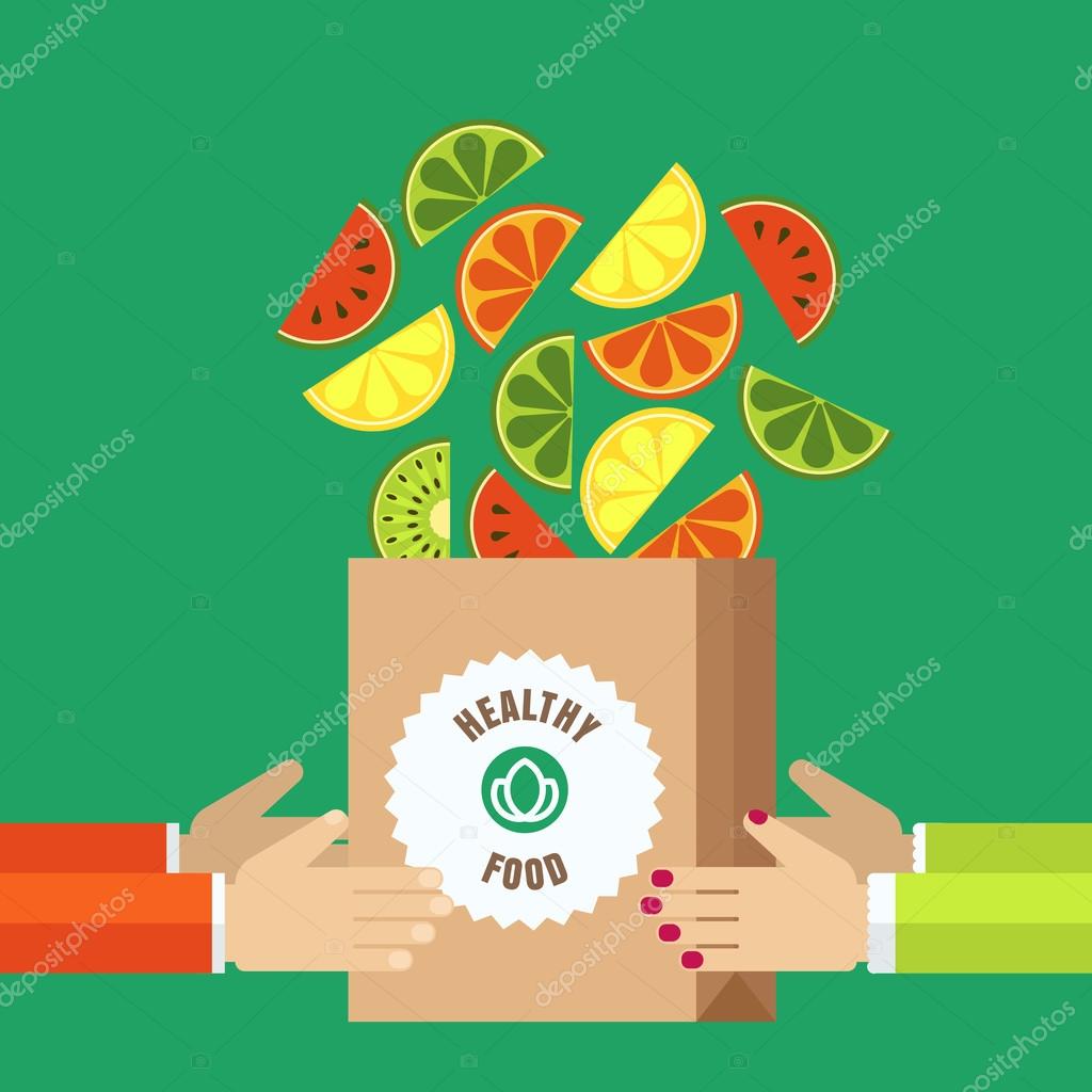 Shopping bag with sliced fruits in human hands. Vector icons of watermelon, orange, kiwi, lime, lemon. Abstract flat design. Healthy and natural organic food and drinks, eco or vegetarian shop.