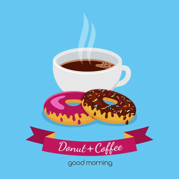 Kahve fincanı ve iki donut ile Printvector gıda çizimi — Stok Vektör
