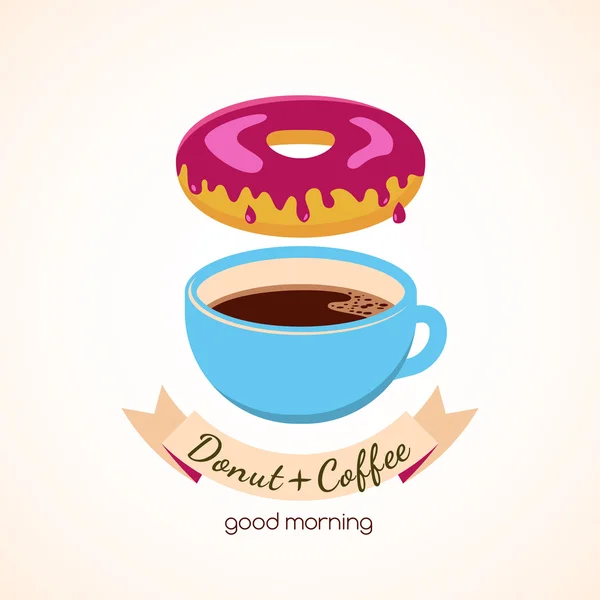 Kahve ve donut pembe krema ile vektör yiyecek illustra — Stok Vektör