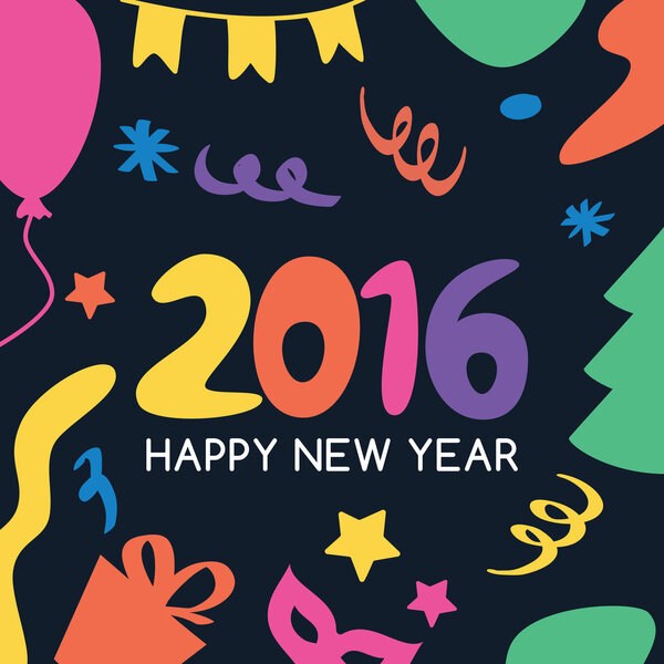 Multicolor hand drawn New Year 2016 greeting card. Vector icons 