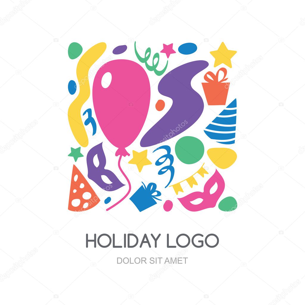 Multicolor hand drawn festival, party or carnival logo. Vector icons set. Gift, balloon, mask, hat, confetti symbols. Abstract holiday background.