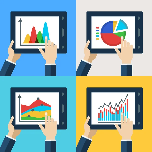 Vector set of touchscreen tablets with flat diagram and chart ic — Stock Vector