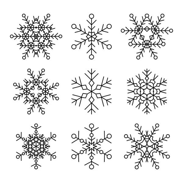 Set of nine vector simple linear snowflakes icons. Hipster black and white design elements. — Stock Vector