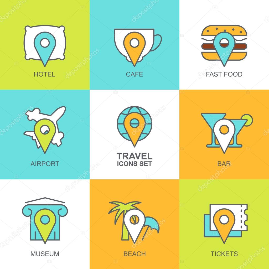 Set of vector flat travel icons. Map symbols, waypoint, hotel, t