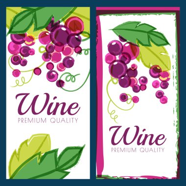 Vector illustration of pink grape vine and green leaves. Set of 