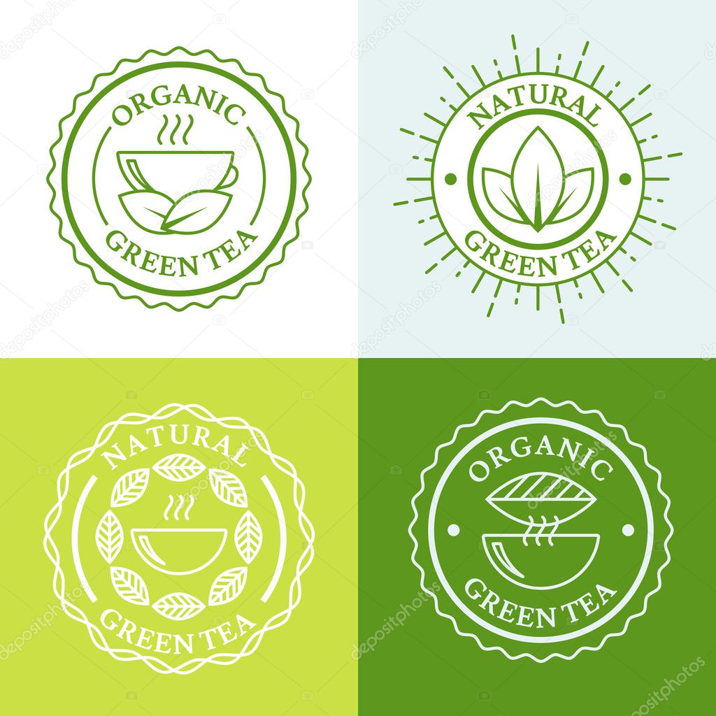 Green hot tea in mug and tea leaves, natural herbal drink. Set of vector simple linear logo design template. Concept for bar menu, tea shop, cafe, organic product.