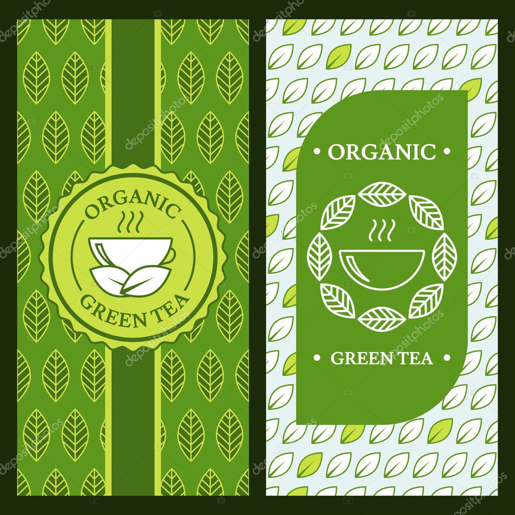 Set of vector backgrounds for label, package or banner. Seamless pattern with linear green tea leaves and cup. Logo icon design. Concept for cafe, menu, shop, flyer design, natural organic product