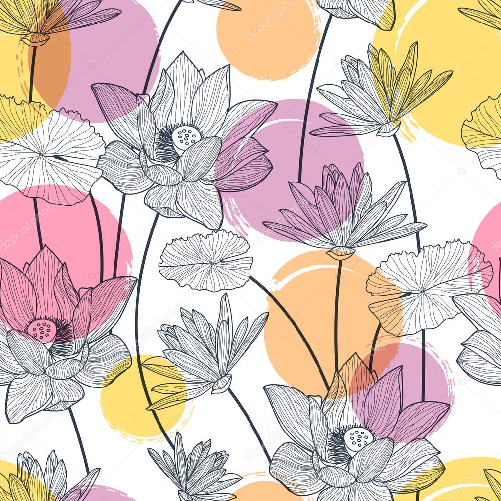 Vector seamless pattern with beautiful lotus flower and colorful