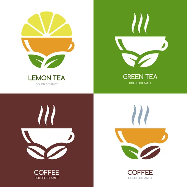 Insieme di caffè caldo piatto logo icone e tè verde vettoriale. — Vettoriale Stock