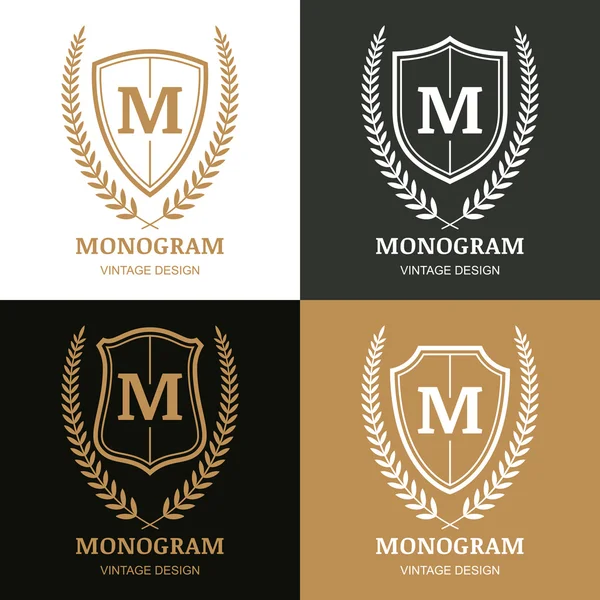 Set of vector vintage logo design template. Monogram, shield and — Stock Vector