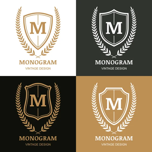Vektör vintage logo tasarım şablonu kümesi. Monogram, kalkan ve