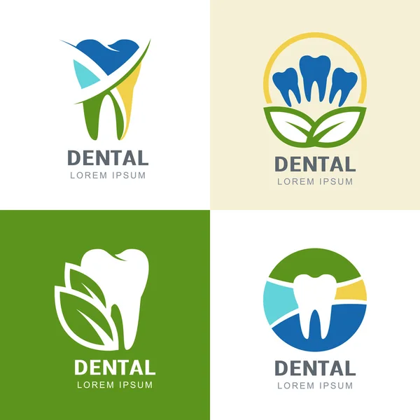 Conjunto de diseño de los iconos de logotipo vectorial. Diente multicolor y dejo verde — Vector de stock