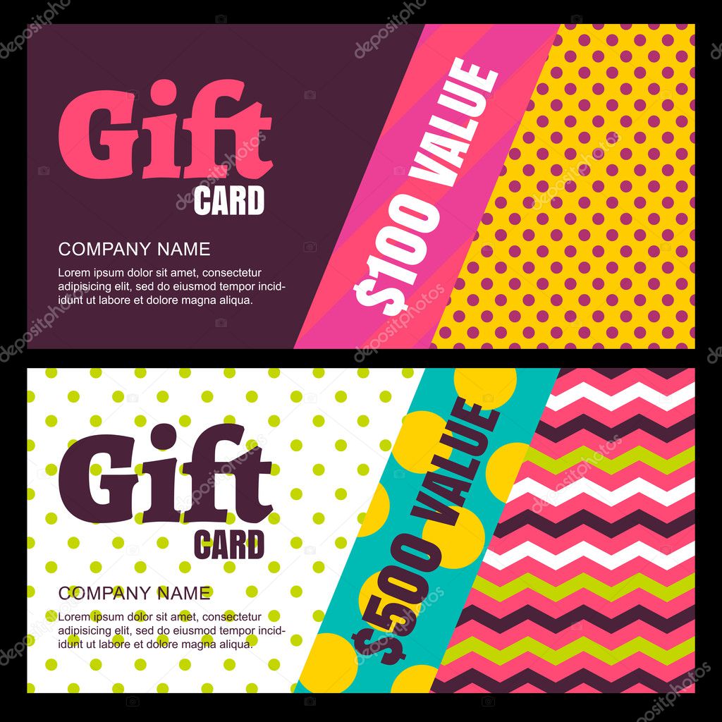 Vector design template of gift card or voucher. Color blocks bac