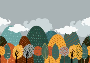 Vector seamless doodle background with textured mountains and ye