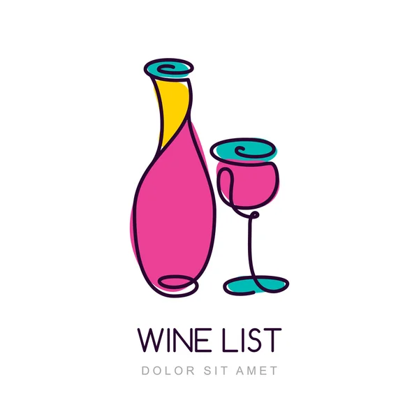 Vector illustration of colorful wine bottle and glass. Logo desi — Stok Vektör