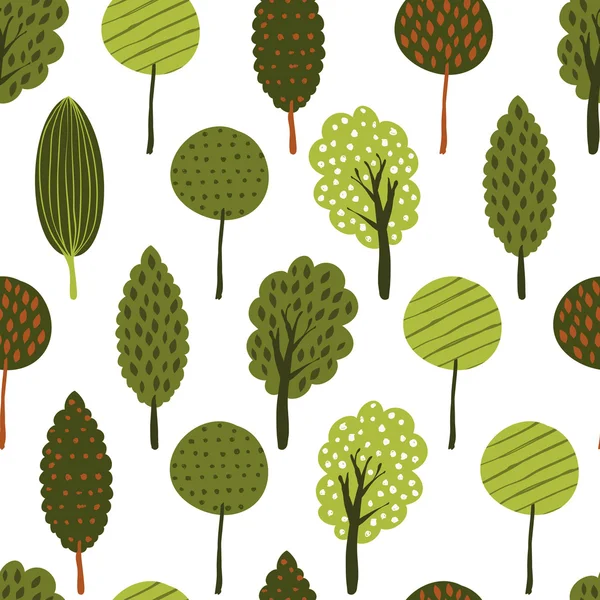 Vector seamless doodle background with textured green trees. — Vettoriale Stock