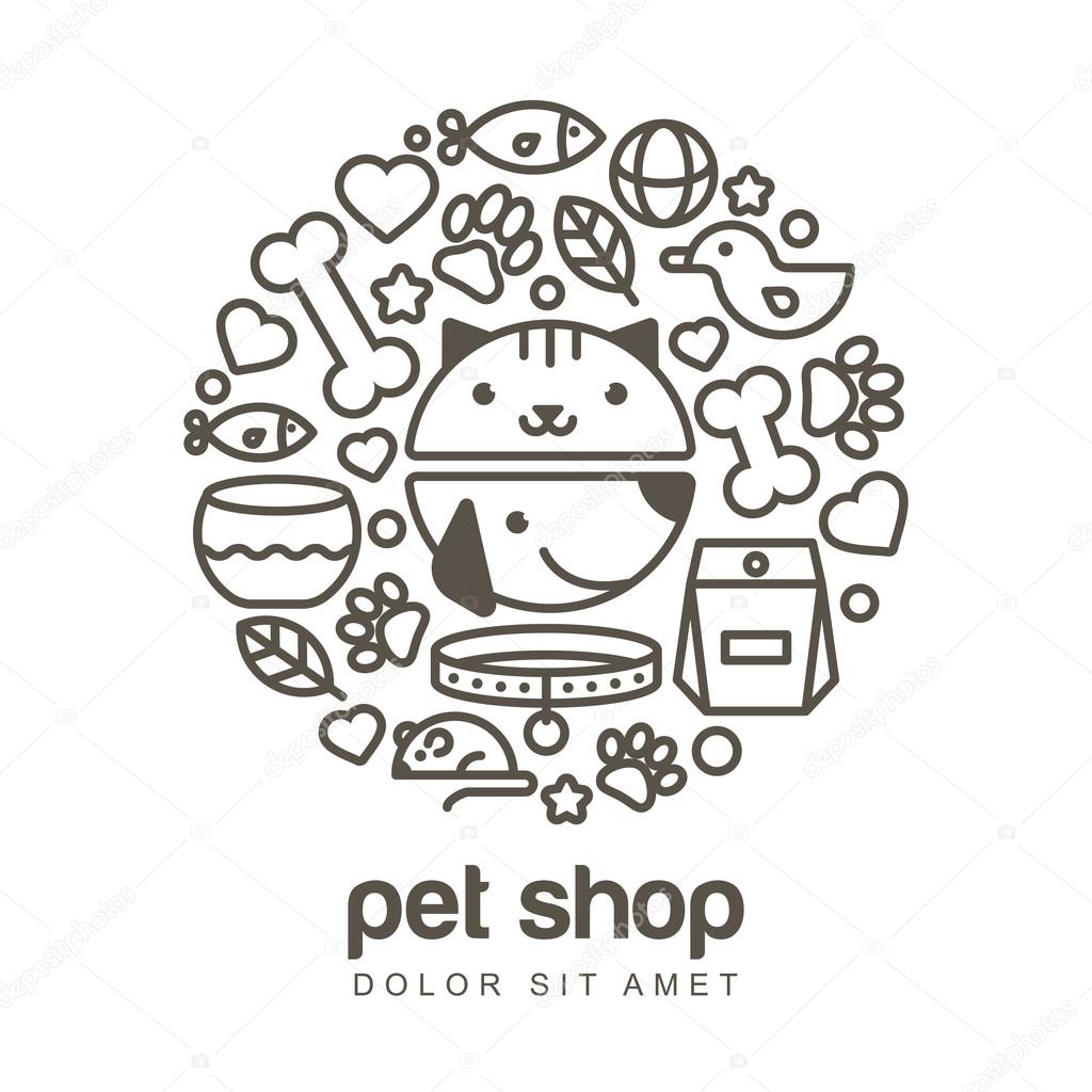 Linear illustration of funny muzzle of cat and dog. Goods for an