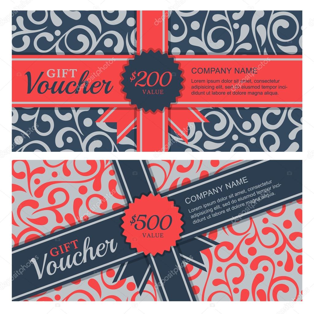Vector gift voucher with flourish ornament background and ribbon