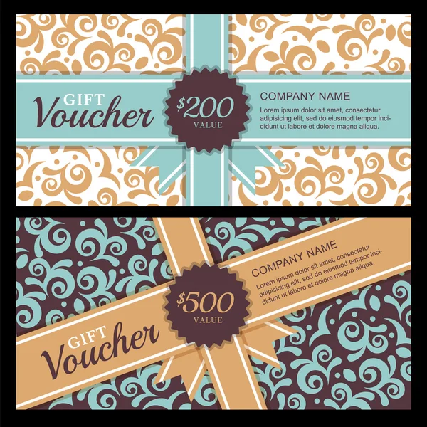 Vector gift voucher with vintage ornament background and ribbon. — Stockvector