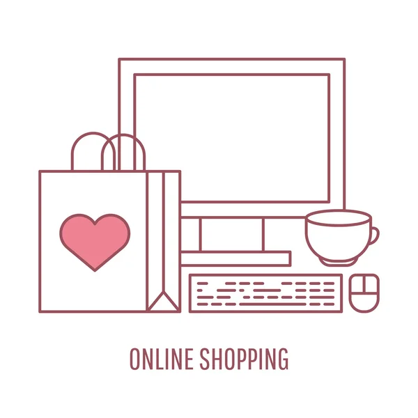 Online shopping and e-commerce vector linear style illustration. — Stok Vektör