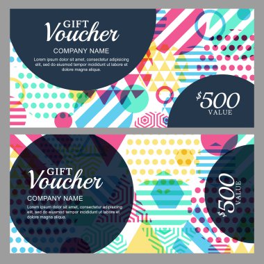 Vector gift voucher with colorful geometric pattern.