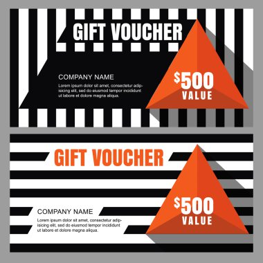 Vektör hediye çeki çizgili desen ve turuncu piramit.