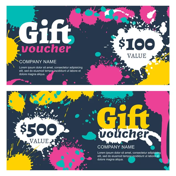 Vector gift voucher with watercolor splashes, blots. — Vector de stock